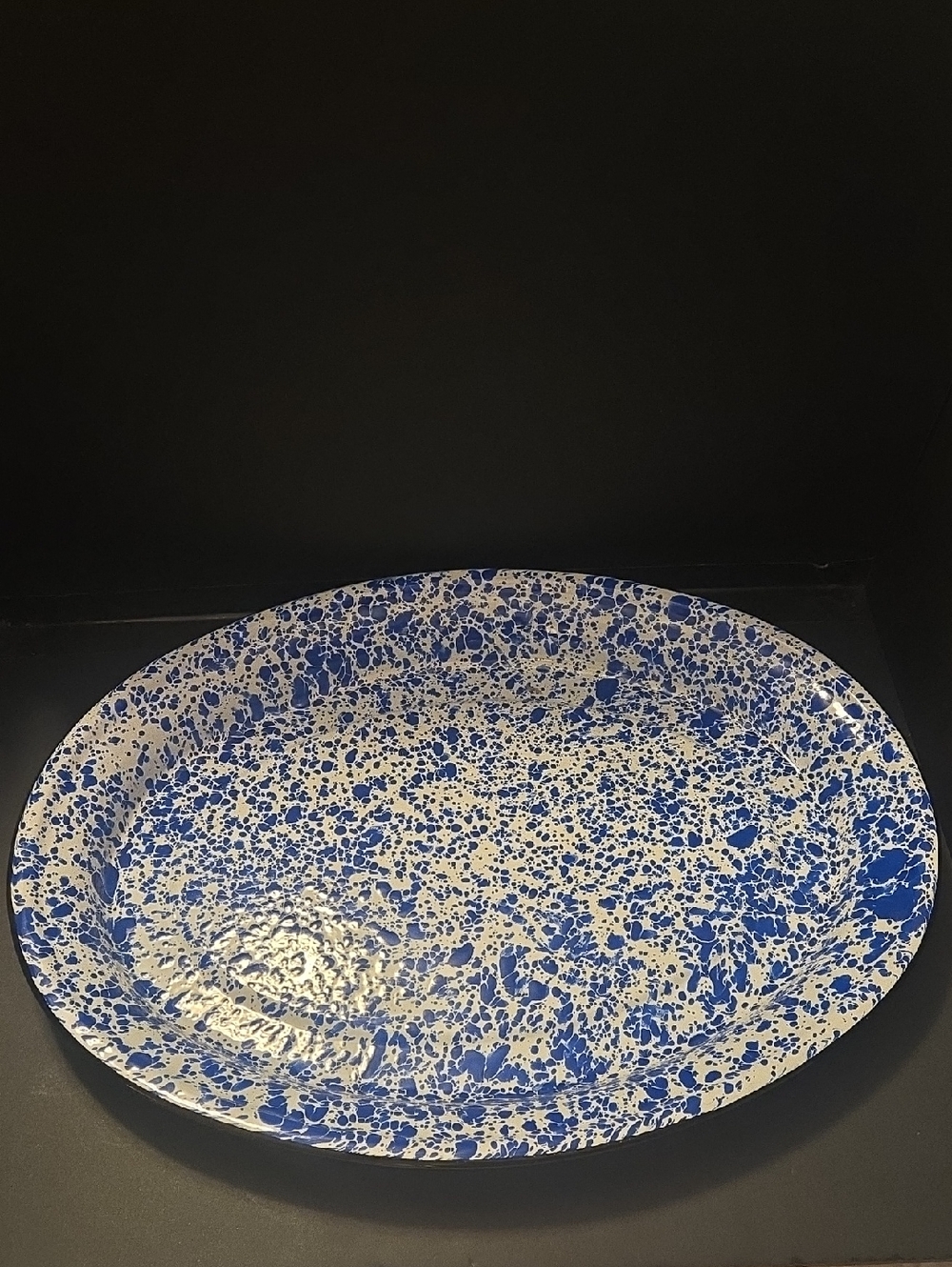 Blue Enameled Blue Specked Oval Serving Platter - Classic Enamel. 17 Inches Long